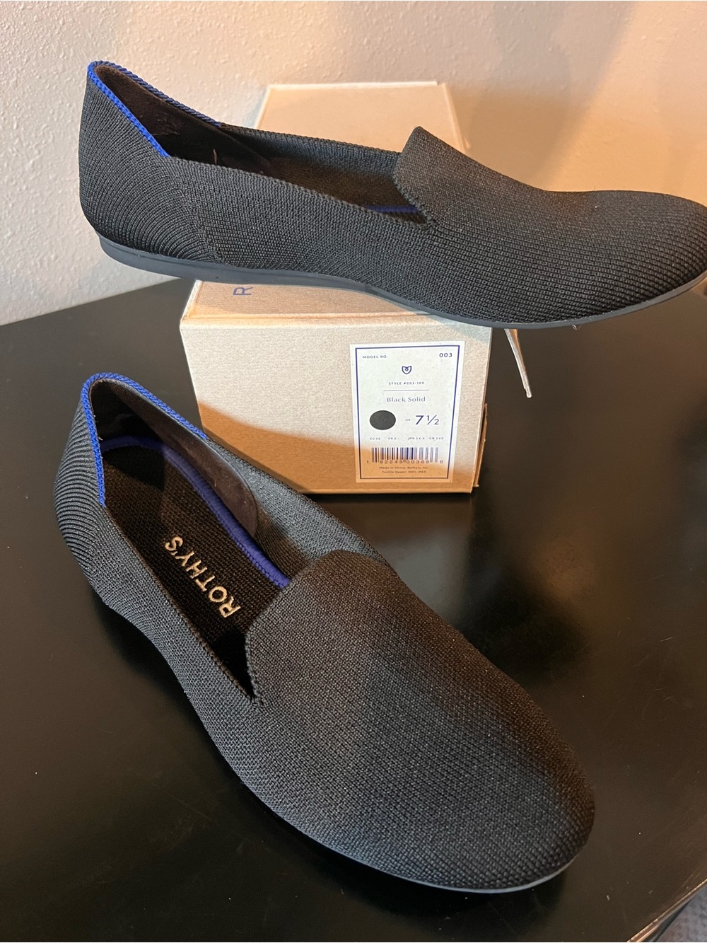 Rothy's Women’s Black Knit Slip-On Loafers with Blue Trim